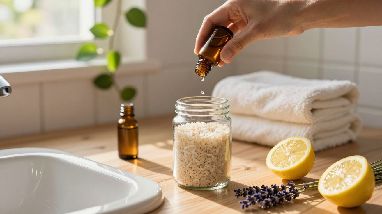 Main versant des gouttes d'huile essentielle dans un pot de riz, avec citron, lavande et serviettes sur le comptoir.