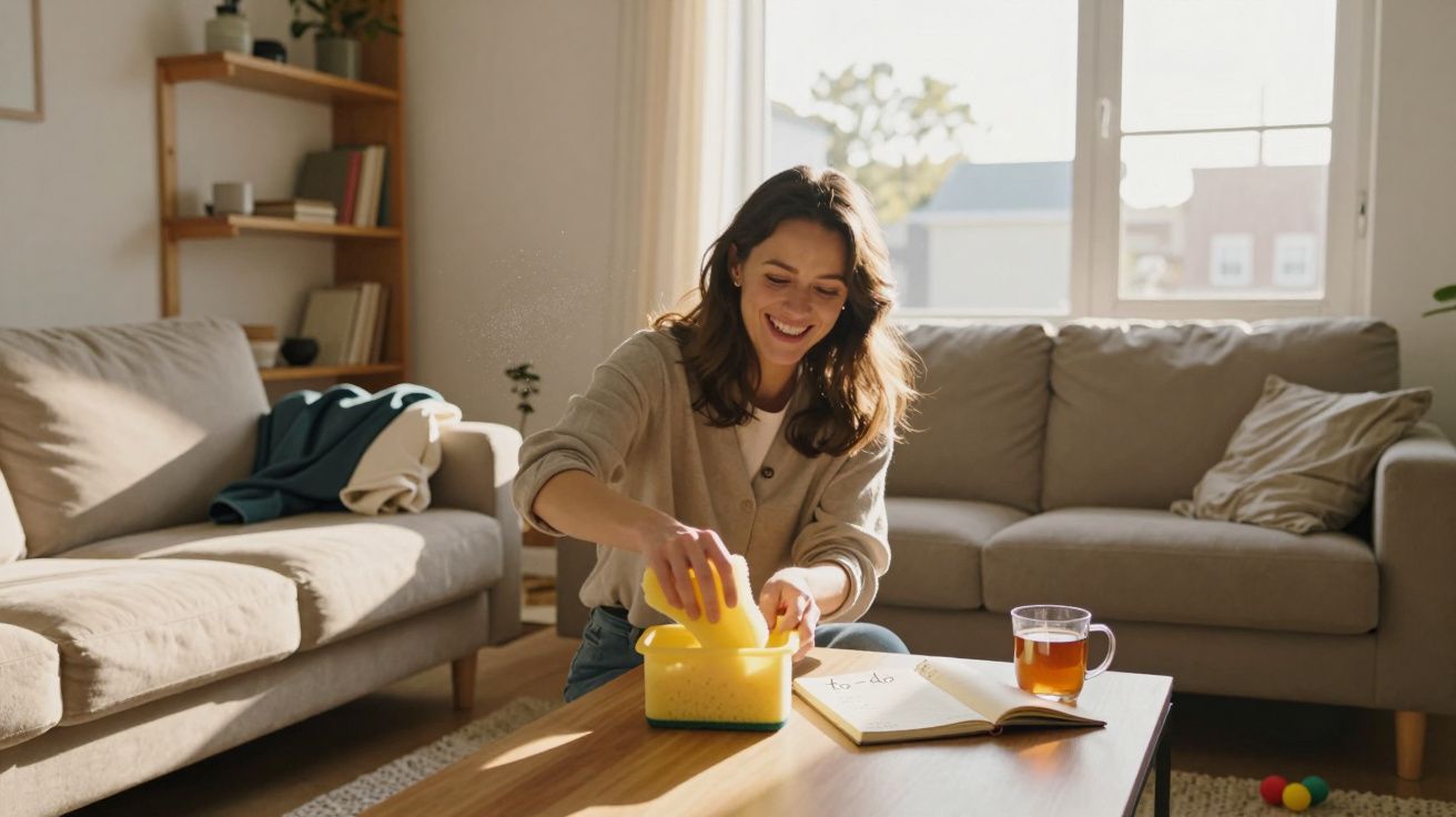 Femme souriante nettoyant une boîte jaune sur une table basse, ambiance lumineuse dans un salon moderne.