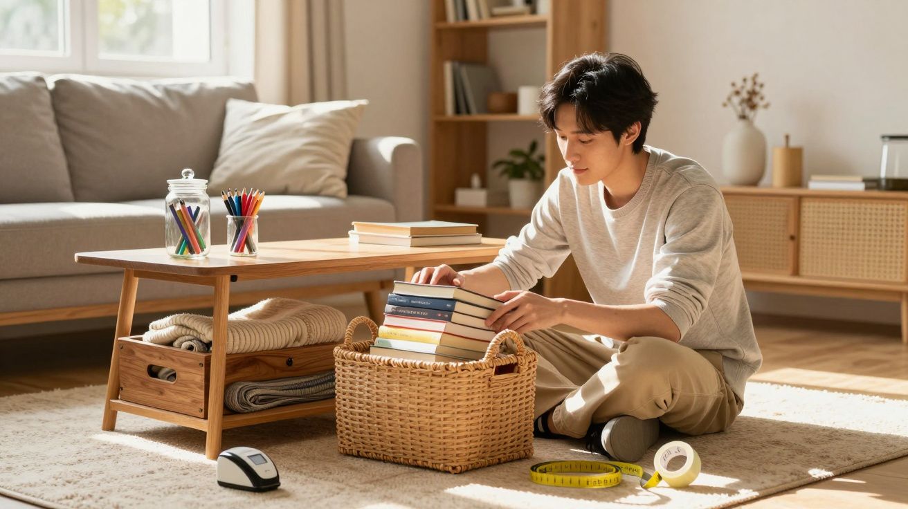 Jeune homme assis au sol rangeant des livres dans un panier en osier dans un salon lumineux.