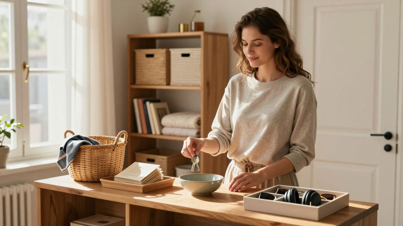 Jeune femme déposant ses clés dans un bol sur un meuble en bois dans une pièce lumineuse et ordonnée.