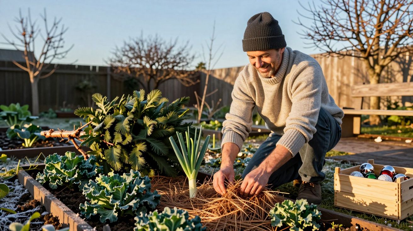 Homme souriant jardinant dans un potager d'automne, entouré de légumes verts et d'une caisse en bois.