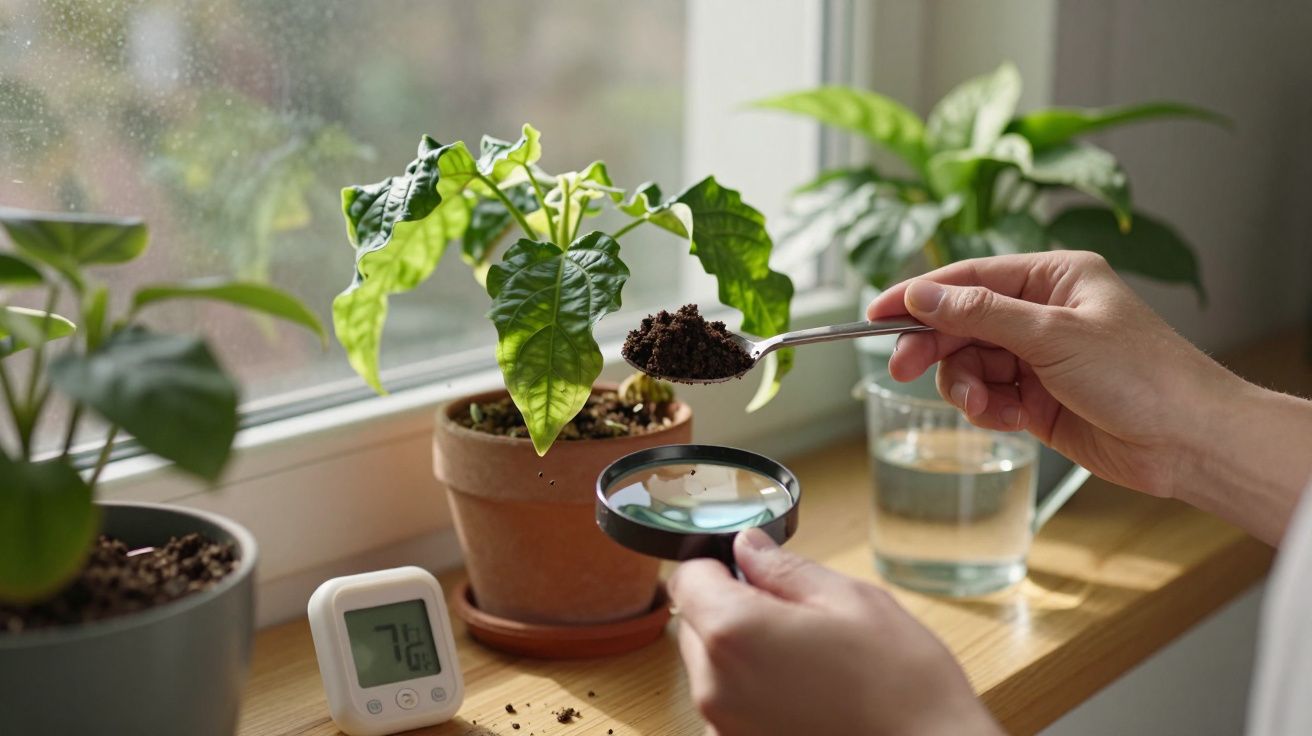 Personne utilisant une loupe pour examiner la terre d'une plante en pot près d'une fenêtre lumineuse.