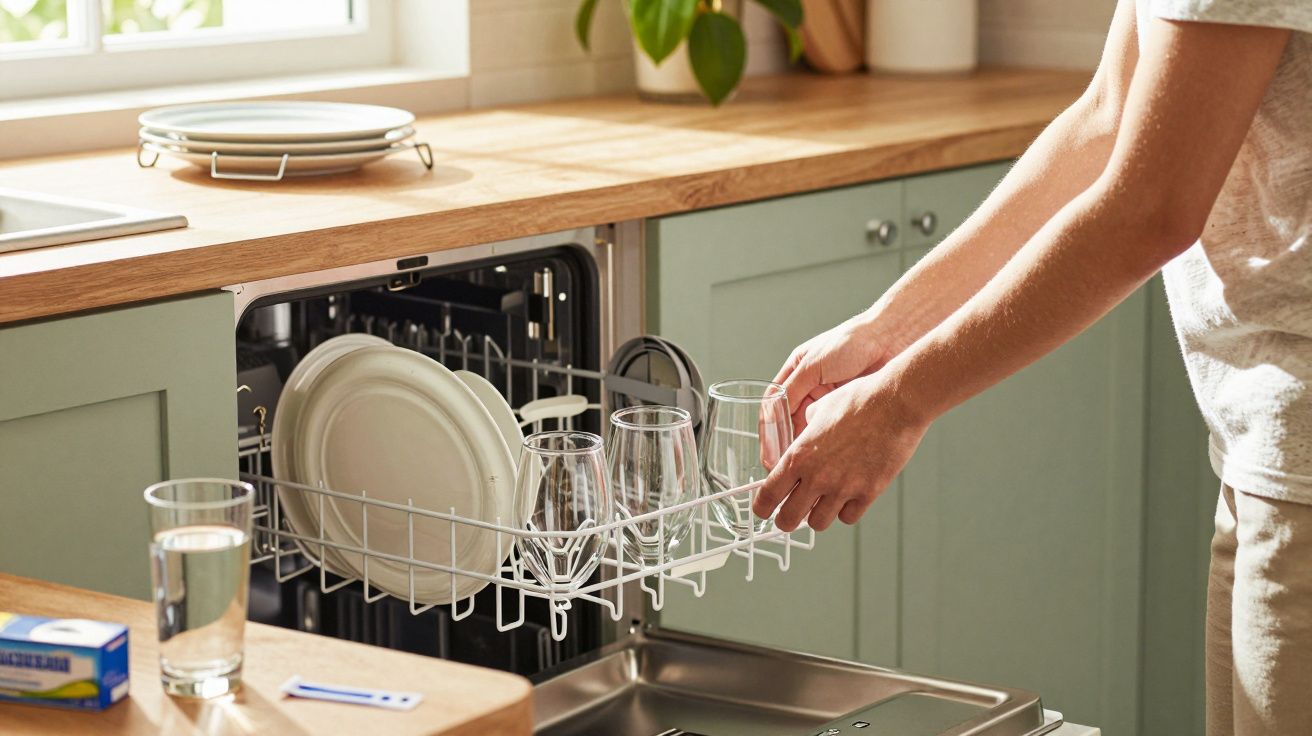 Personne chargeant un lave-vaisselle avec assiettes et verre dans une cuisine lumineuse.