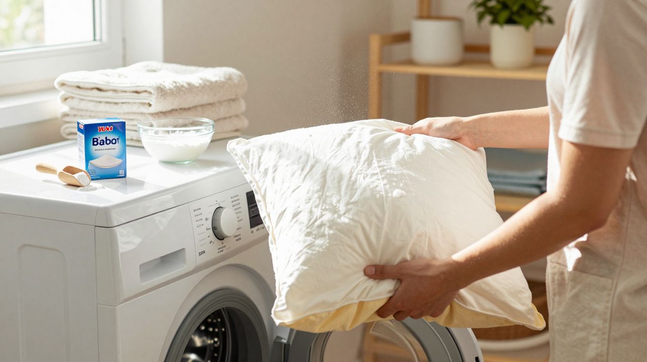 Personne tenant un oreiller blanc devant une machine à laver, avec lessive et serviettes empilées à côté.