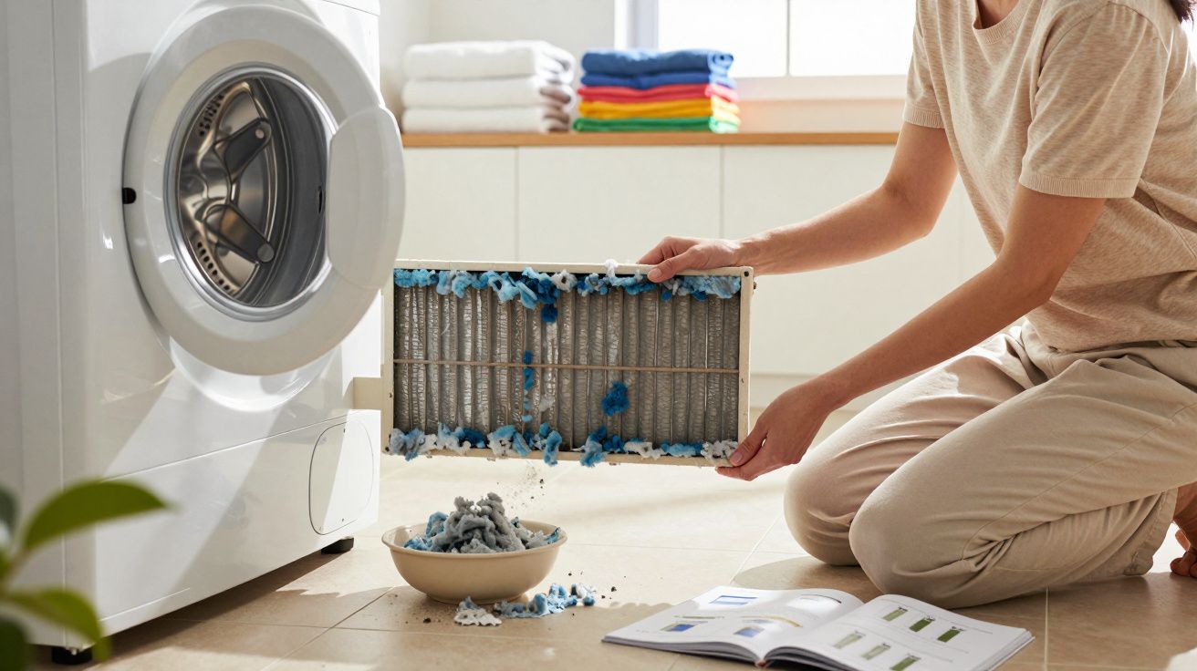 Personne nettoyant le filtre d’une machine à laver pour enlever les peluches bleues accumulées.