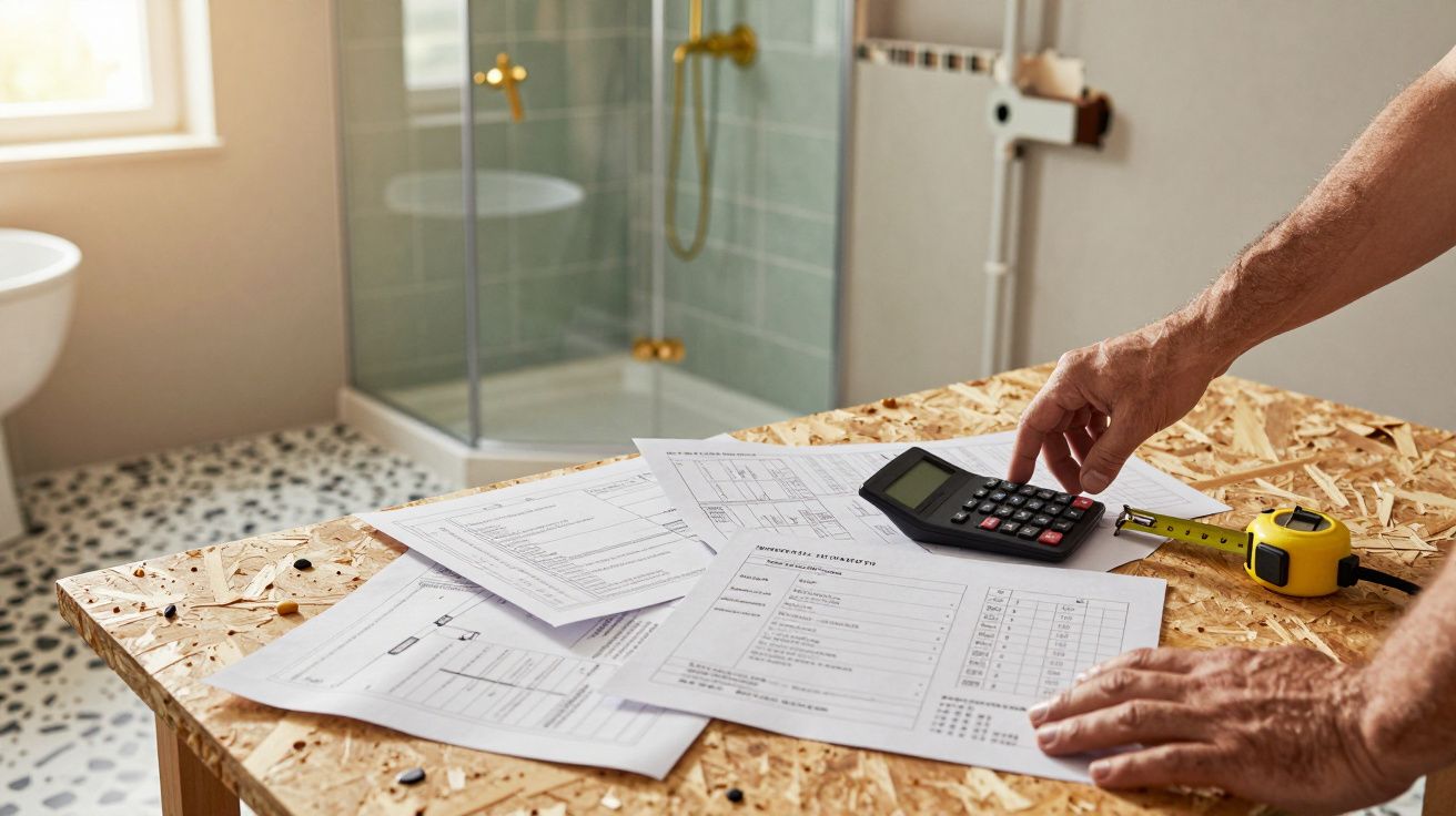Plans de construction, calculatrice et mètre ruban sur une table en bois dans une salle de bain en rénovation.
