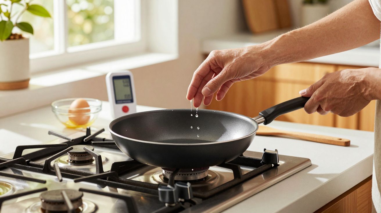 Mains versant de l'eau dans une poêle noire sur une gazinière dans une cuisine lumineuse.
