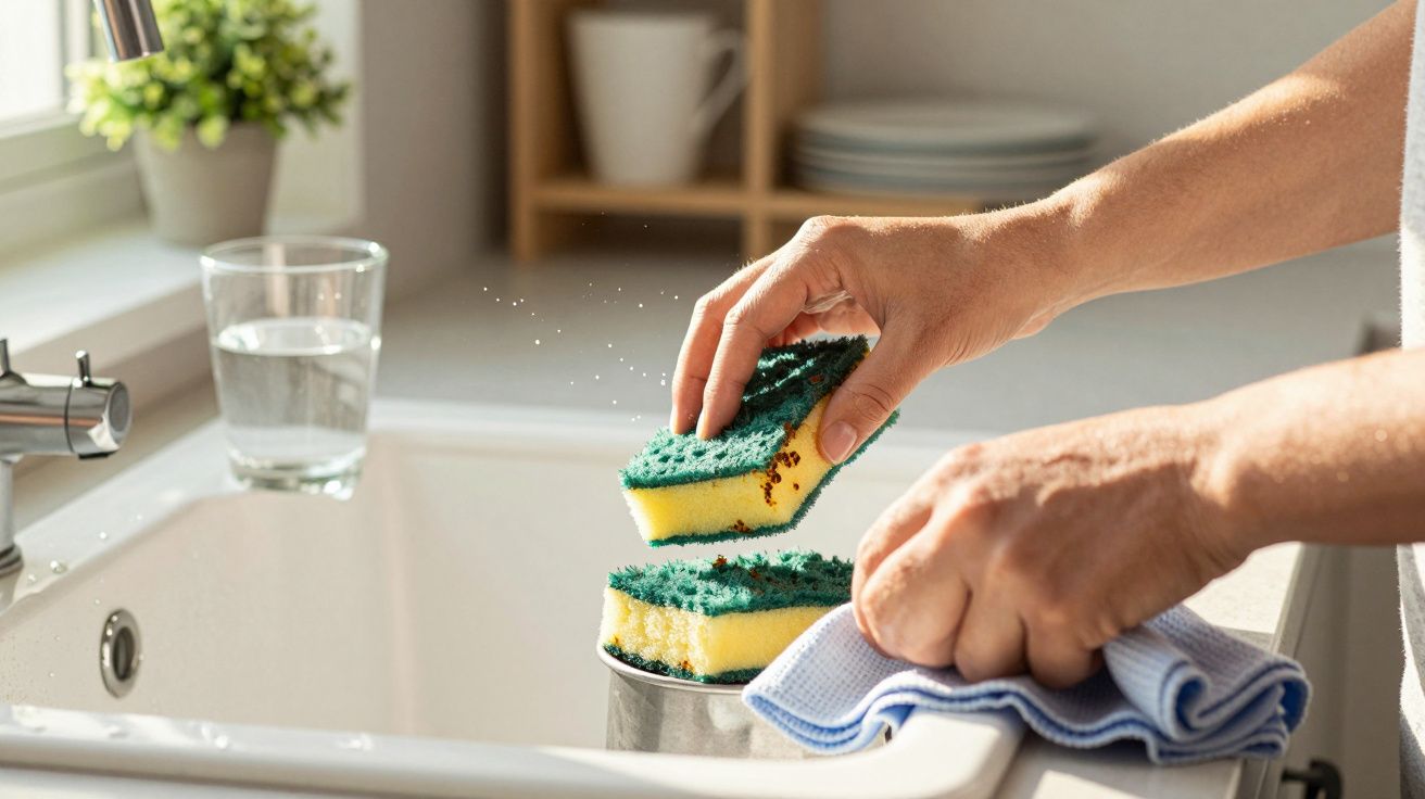 Mains tenant une éponge et un chiffon bleu au-dessus d'un évier avec un pot à nettoyer.