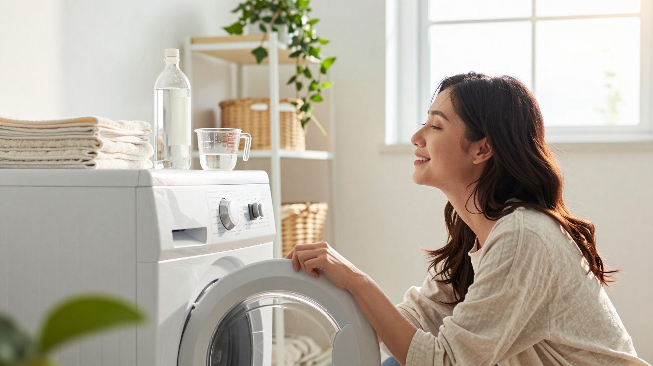 Femme souriante ouvrant une machine à laver dans une buanderie lumineuse avec serviettes empilées et plante verte.