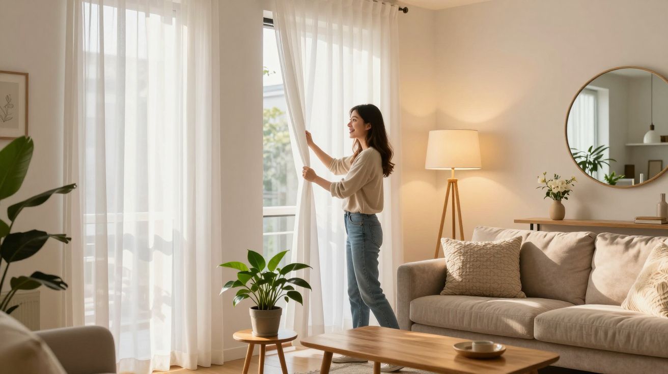 Femme souriante ouvrant les rideaux dans un salon lumineux avec canapé beige et plantes vertes.