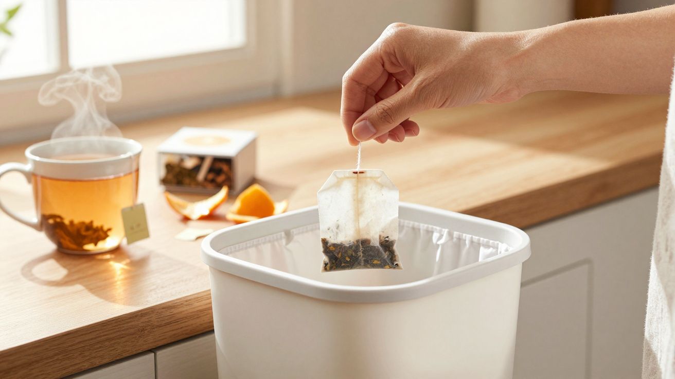 Main jetant un sachet de thé usagé dans une poubelle de cuisine blanche.