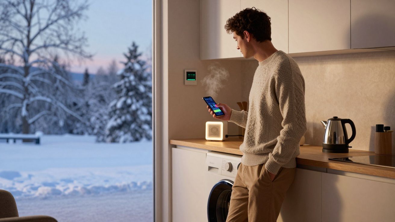Jeune homme en pull beige contrôlant le chauffage de sa maison via une application avec paysage hivernal visible par la porte
