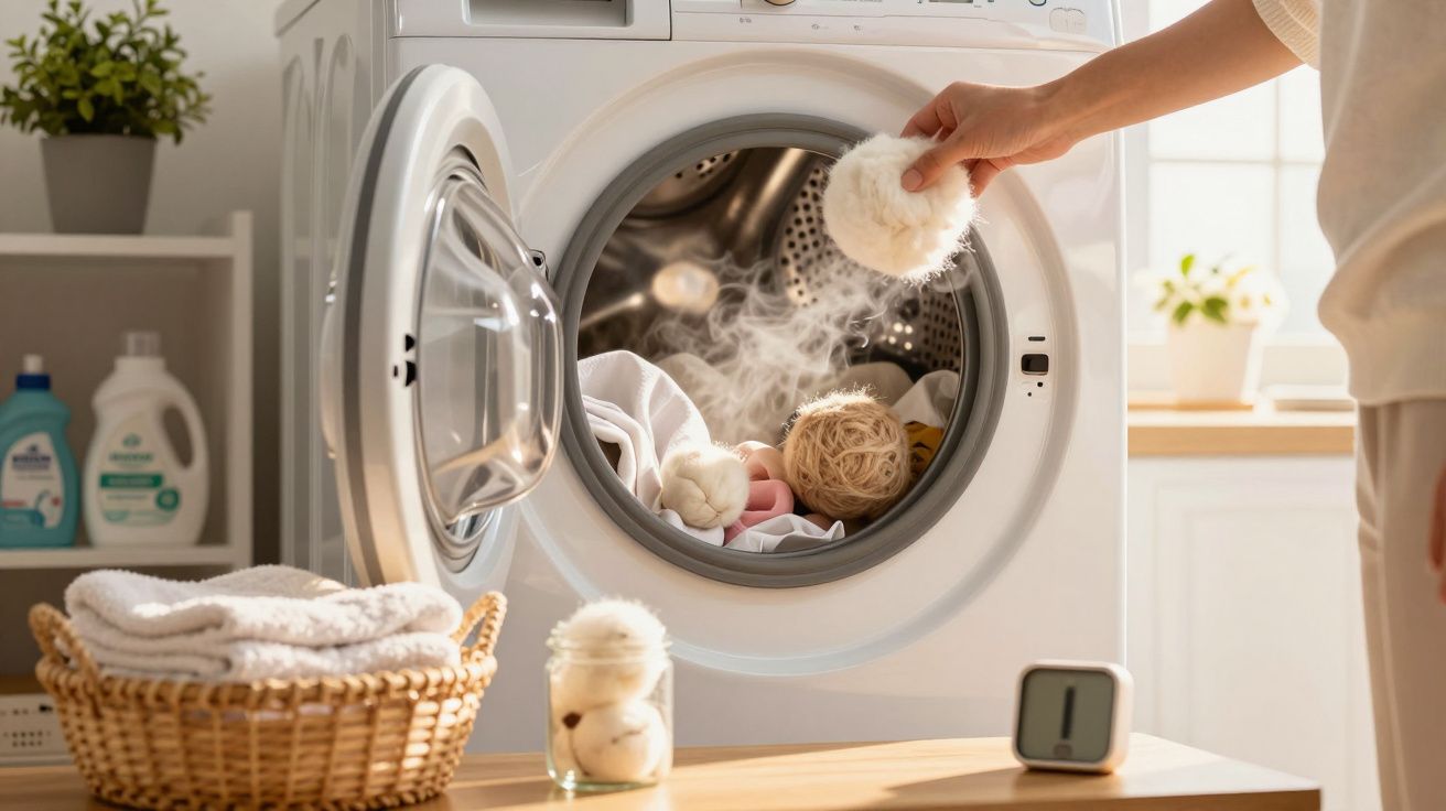 Machine à laver ouverte avec des boules de lavage vapeur et linge dans une buanderie lumineuse.