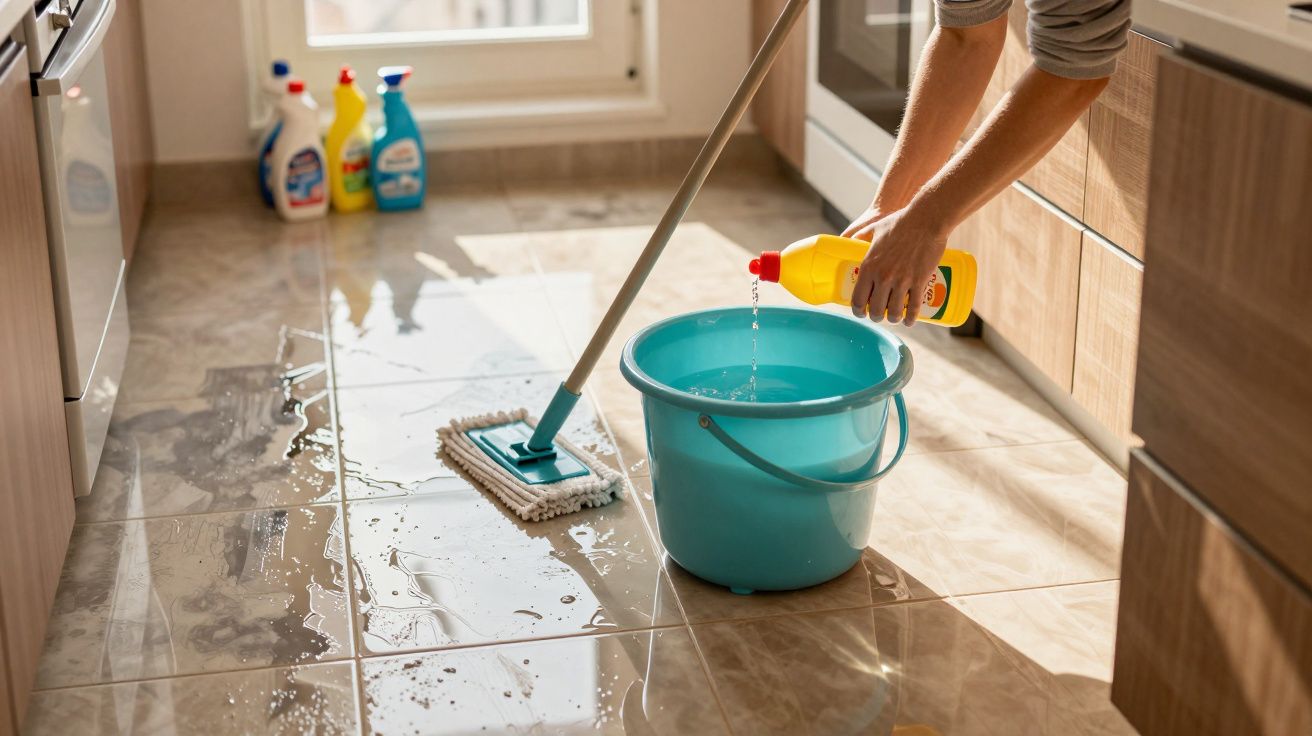 Une personne verse un produit nettoyant dans un seau bleu pour laver un sol carrelé.