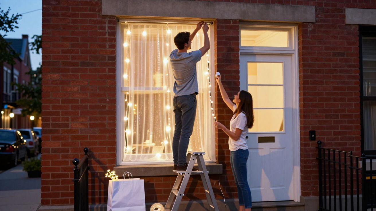 Un homme sur une échelle et une femme accrochent des guirlandes lumineuses devant une maison en briques.