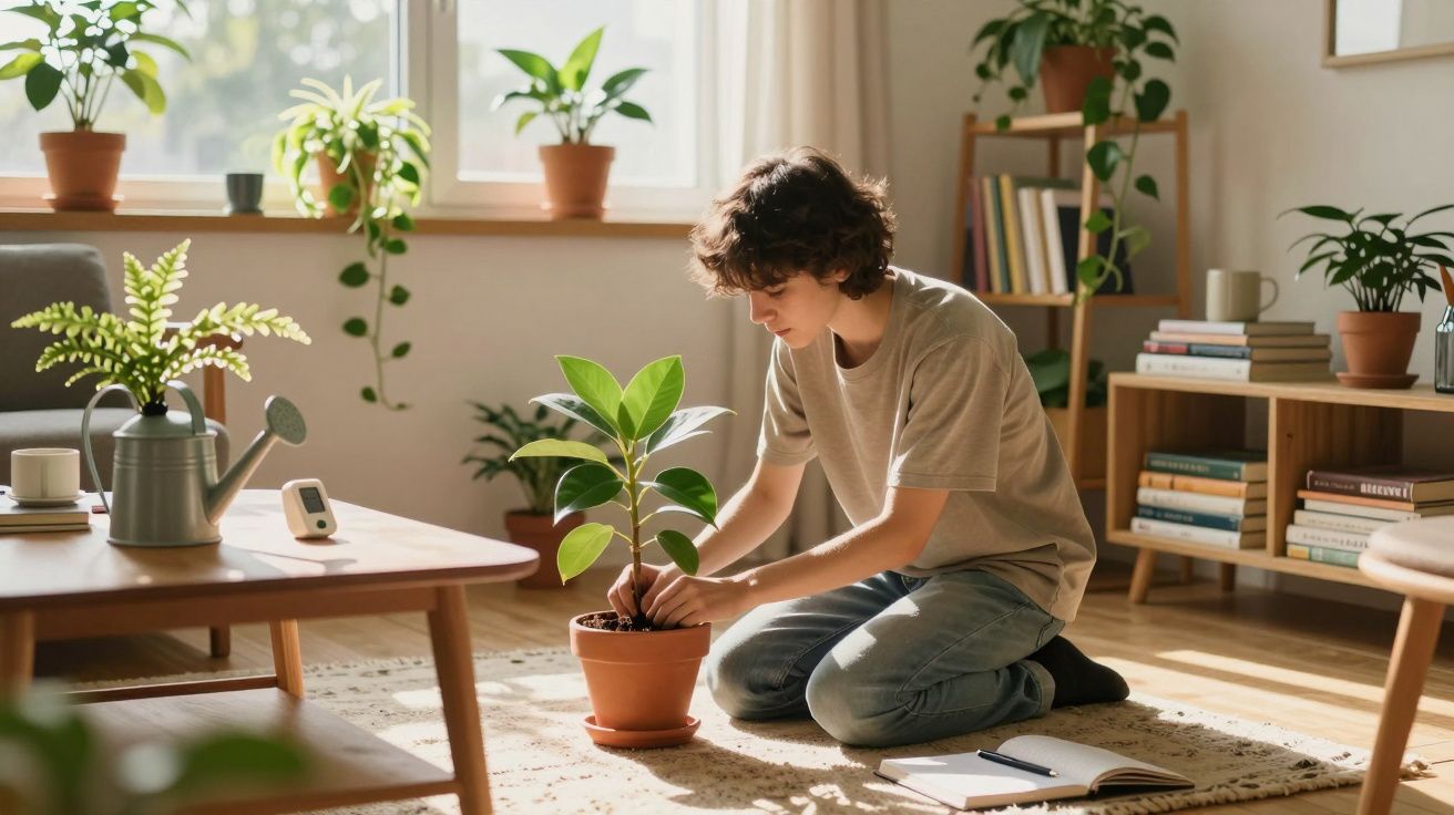 Jeune personne assise à genoux dans un salon lumineux, prenant soin d’une plante en pot sur un tapis beige.