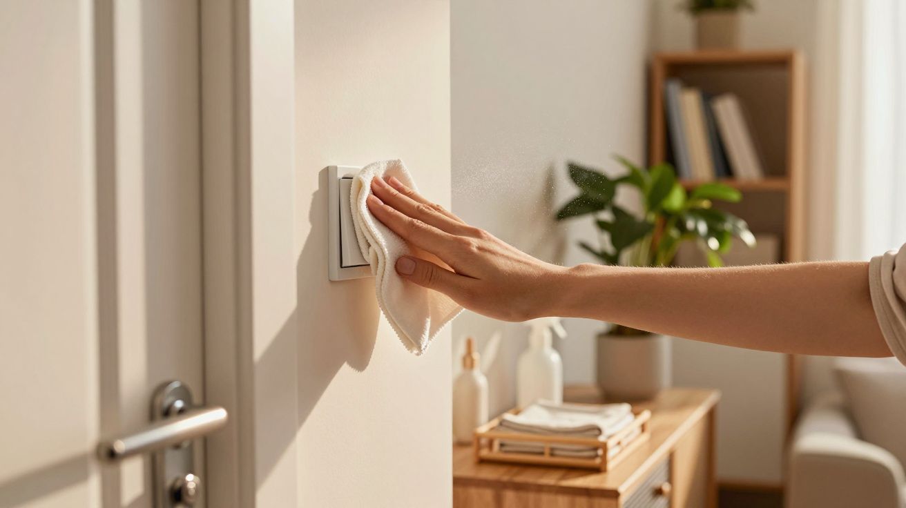 Main nettoyant un interrupteur à lumière avec un chiffon blanc dans une pièce lumineuse.