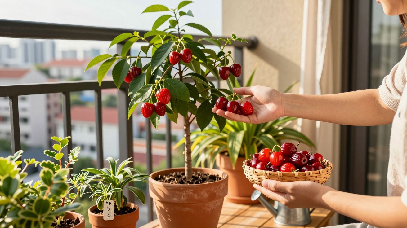 Personne cueillant des cerises sur un arbre en pot sur un balcon avec plusieurs plantes en pot autour.