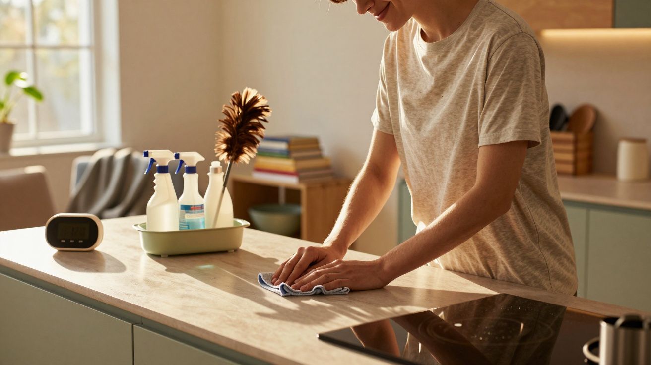 Personne essuyant un plan de travail de cuisine avec un chiffon dans une pièce lumineuse et moderne.