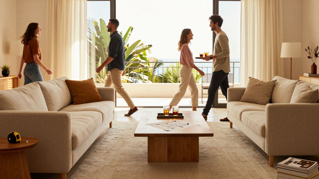 Quatre personnes discutant dans un salon lumineux avec deux canapés et vue sur une terrasse végétalisée.