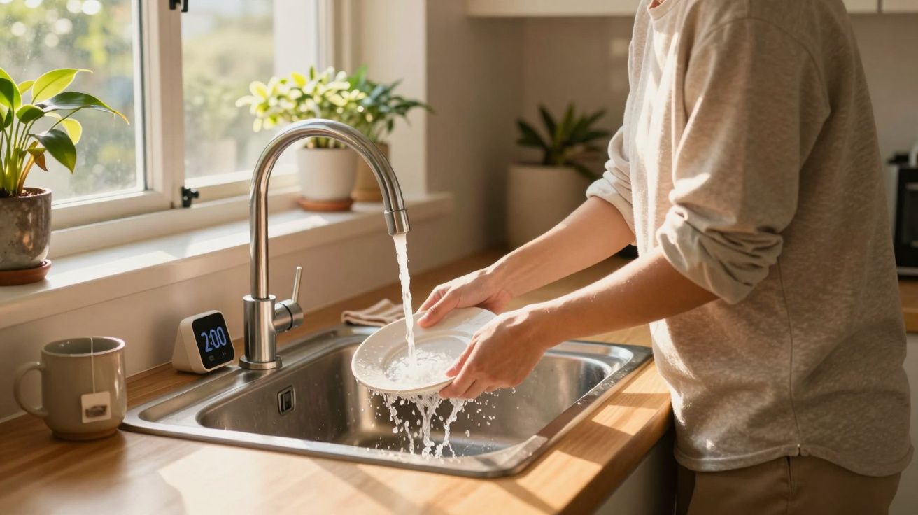 Personne lavant une assiette sous un robinet dans une cuisine lumineuse avec des plantes sur le rebord de fenêtre.