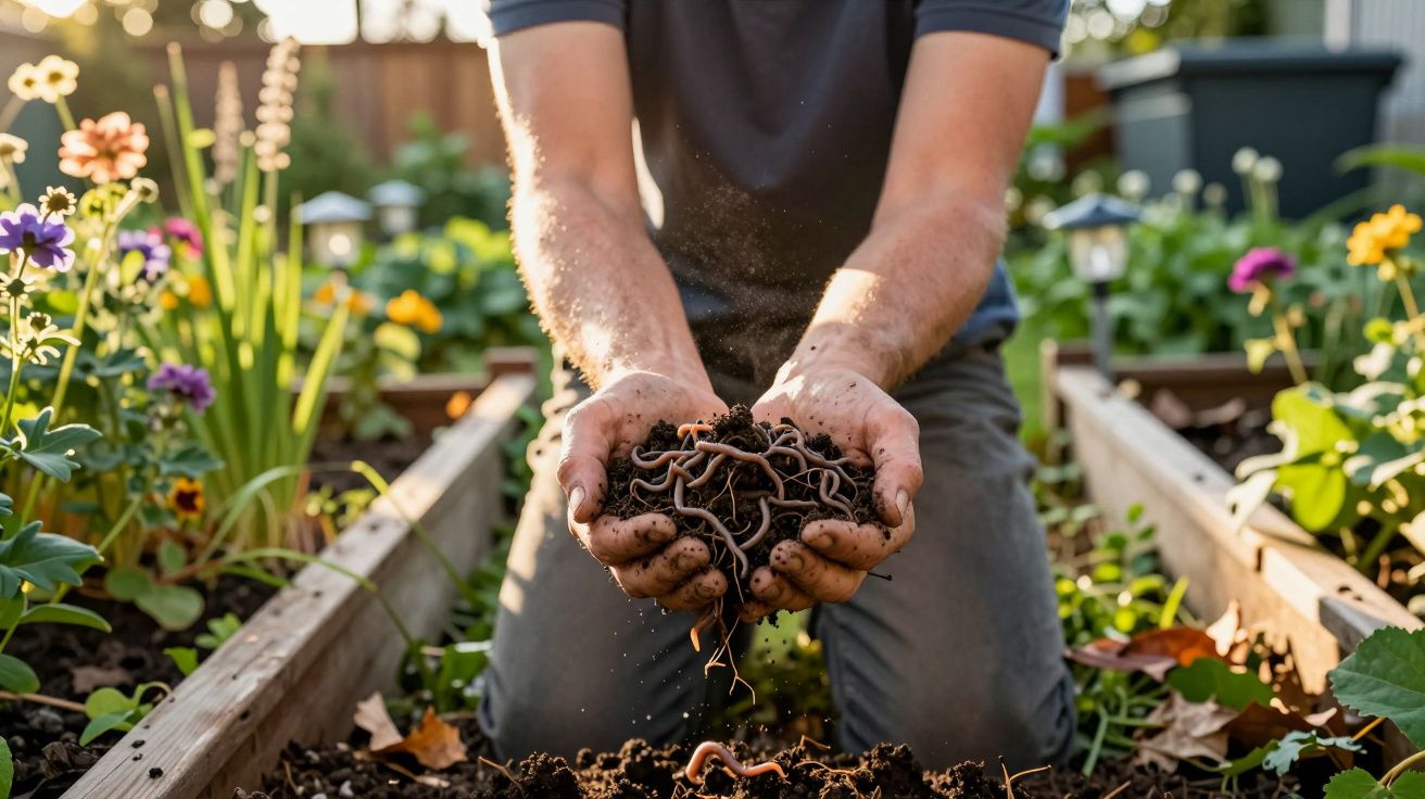 Personne tenant une poignée de terre avec plusieurs vers de terre dans un jardin ensoleillé.