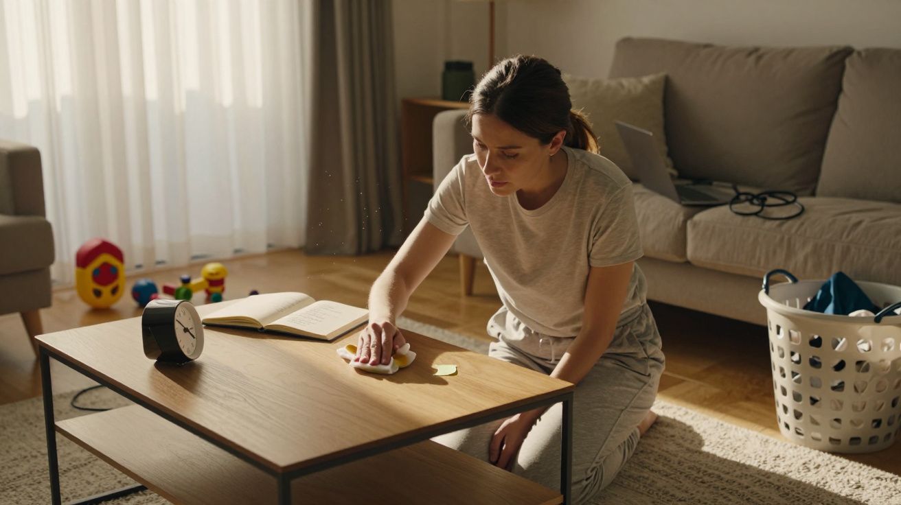 Femme nettoyant une table basse en bois dans un salon lumineux, jouets d'enfants et panier à linge en arrière-plan.