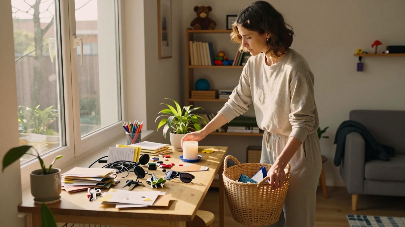 Femme rangant un bureau éclairé par la fenêtre, tenant un panier en osier dans une pièce conviviale.
