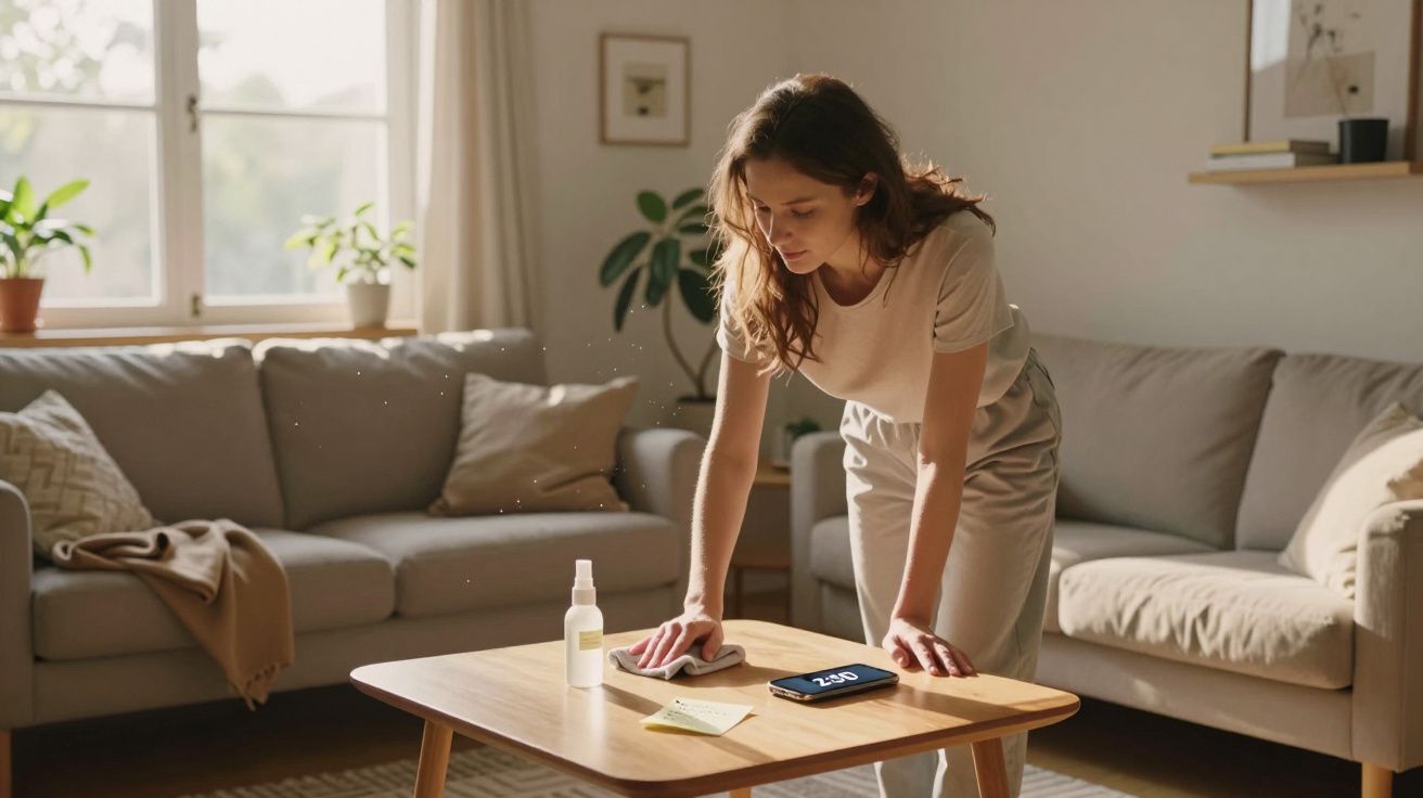 Femme essuyant une table basse en bois dans un salon lumineux avec canapés et plantes vertes.