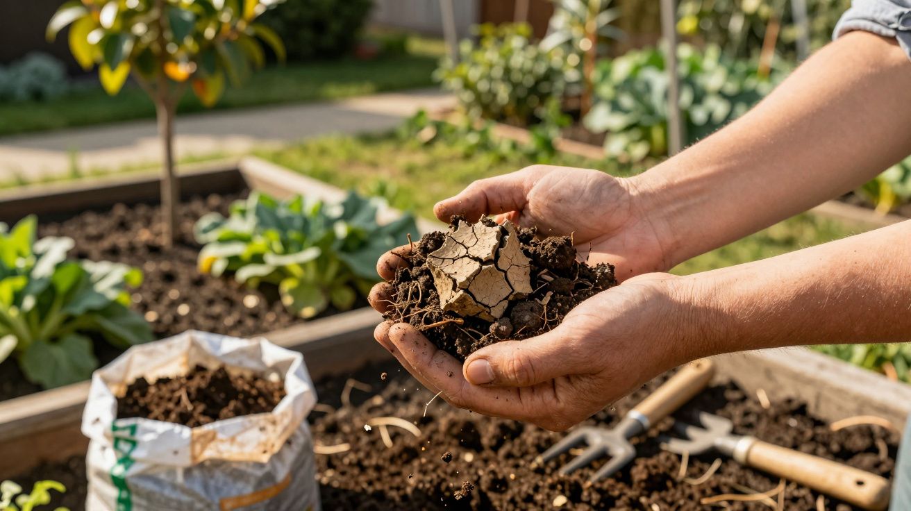 Mains tenant de la terre sèche et fissurée dans un jardin potager avec outils et plantes en arrière-plan.