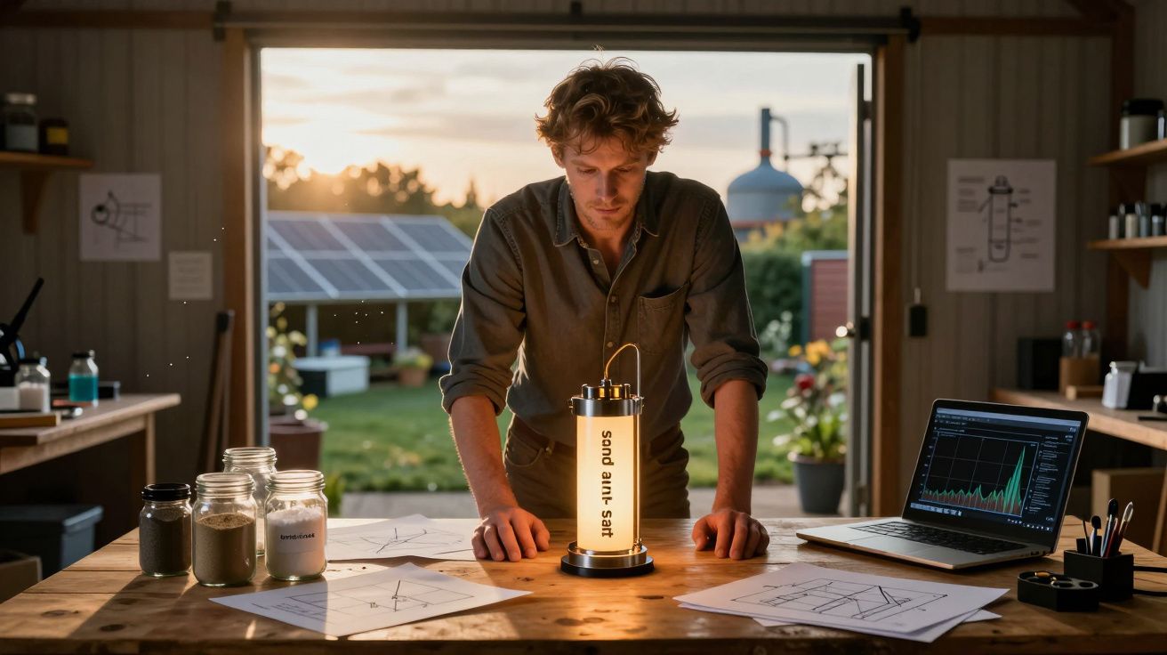 Homme étudiant un échantillon de sol en laboratoire éclairé, avec ordinateur et plans techniques sur la table.