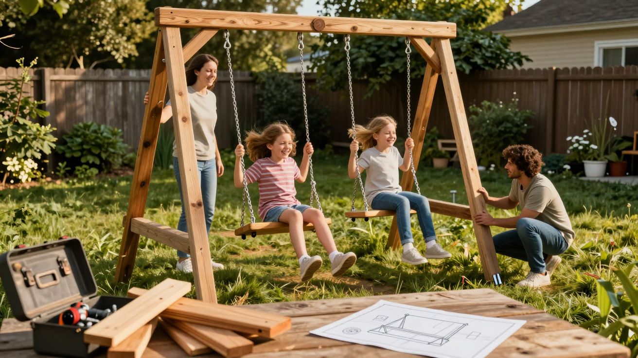 Deux enfants sur des balançoires en bois dans un jardin, surveillés par deux adultes souriants.
