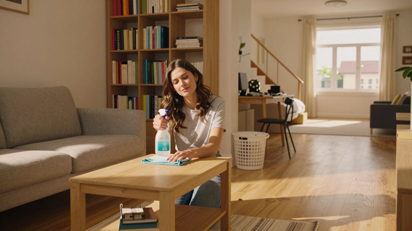 Jeune femme nettoyant une table basse en bois dans un salon lumineux et ordonné.