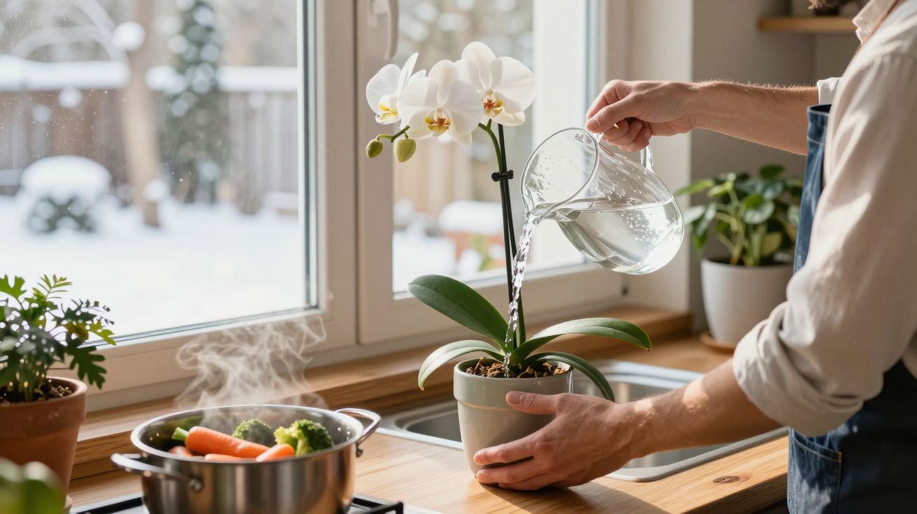 Main arrosant une orchidée blanche en pot près d'une fenêtre, avec une casserole de légumes vapeur à côté.