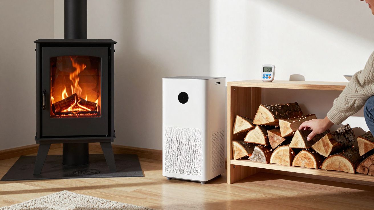 Poêle à bois allumé, purificateur d'air blanc et bûches rangées dans un meuble en bois.