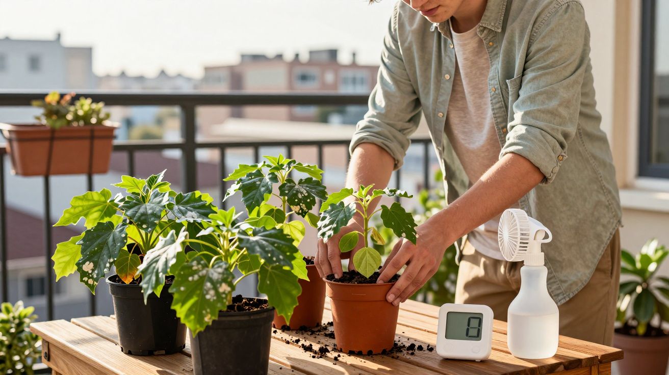 Personne rempotant une plante sur une terrasse avec plusieurs pots, un vaporisateur et un thermomètre.