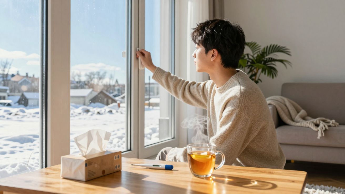 Jeune homme en pull beige ouvrant une fenêtre, avec tisane et mouchoirs sur la table près d’un canapé.