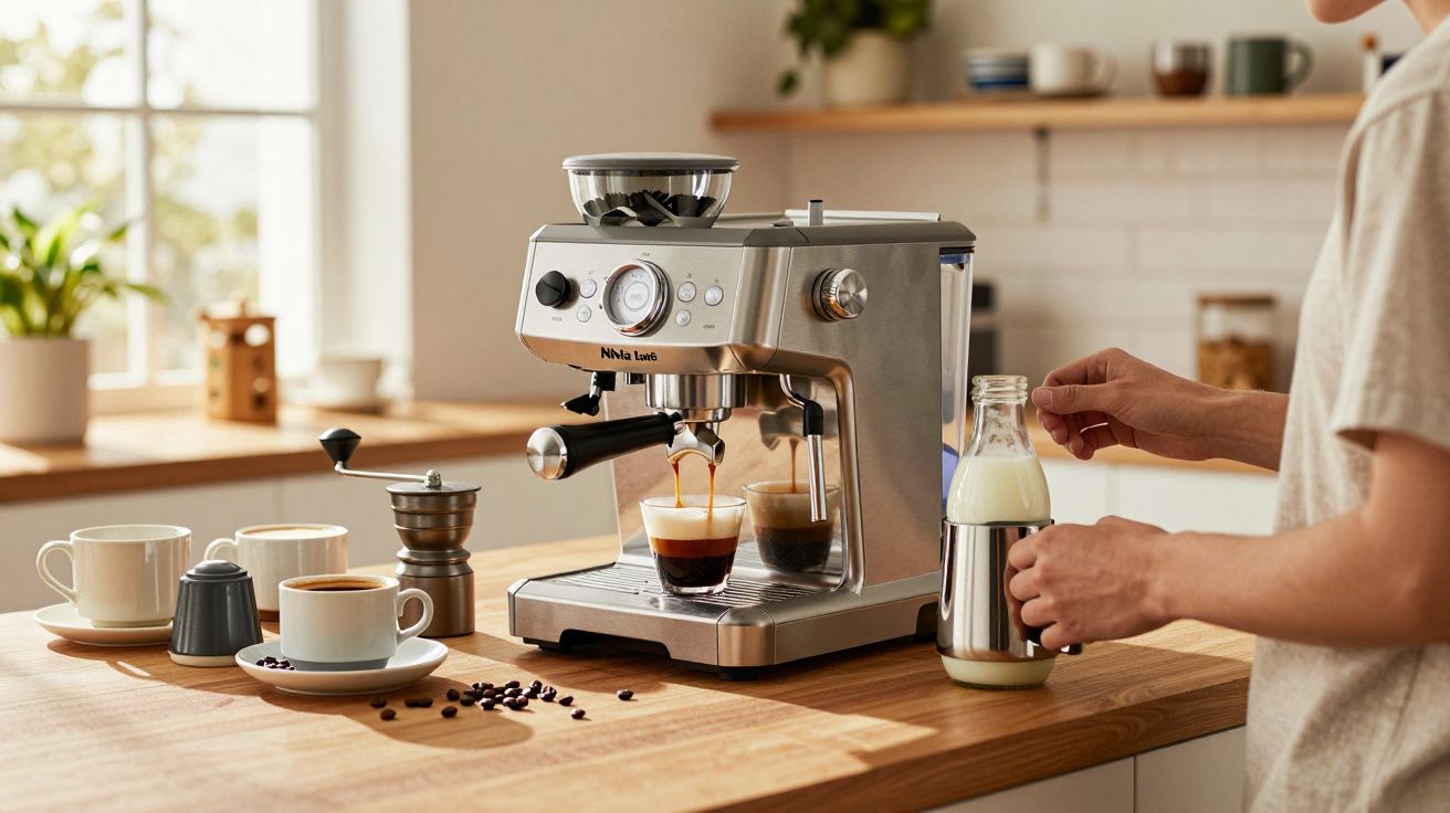 Machine à café expresso avec deux tasses en train de se remplir, lait fraîchement versé à côté.