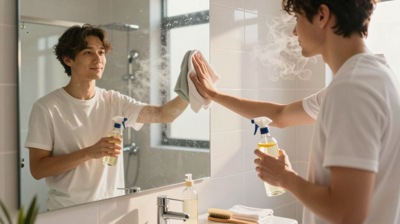 Un homme souriant nettoie un miroir de salle de bain avec un spray et un chiffon.