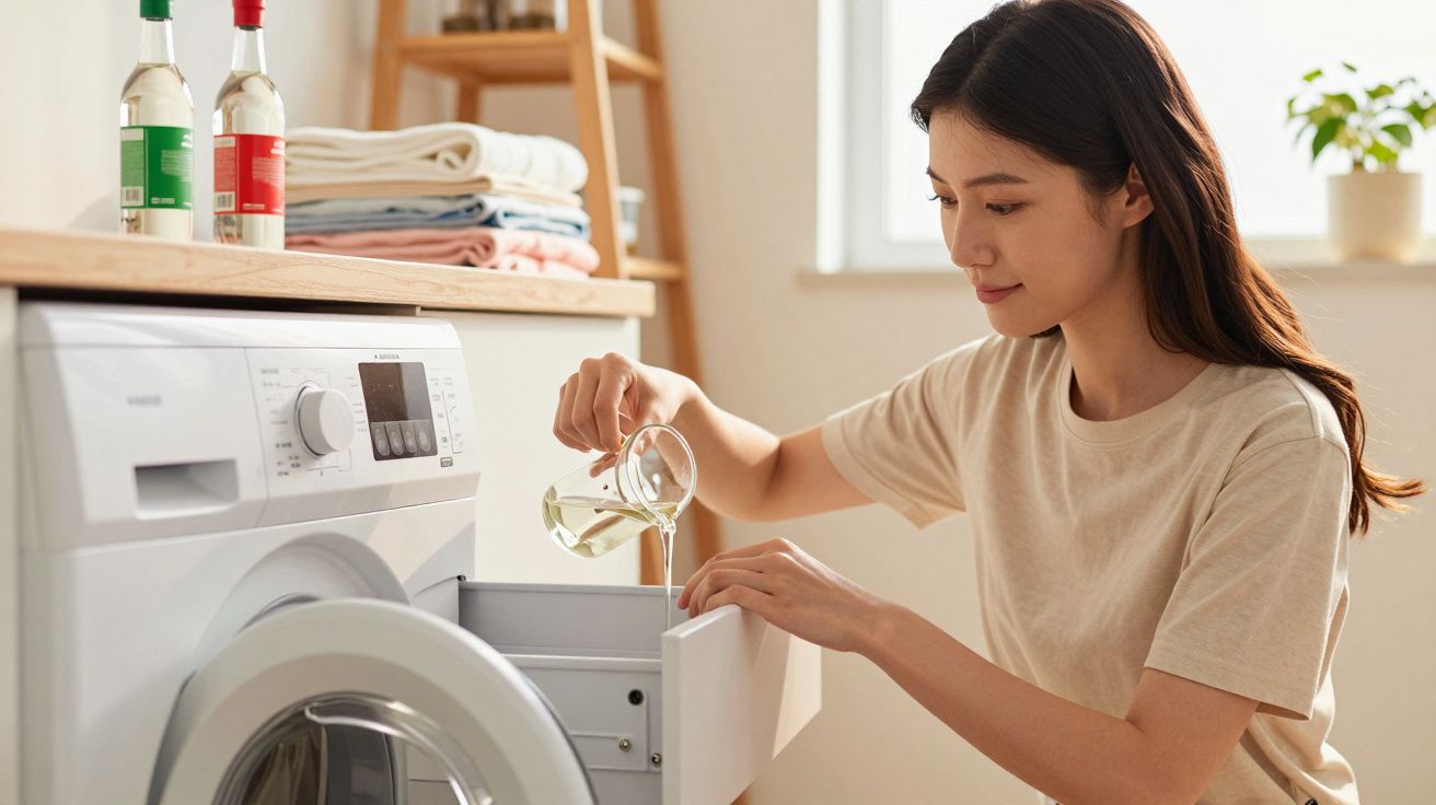 Femme versant du détergent liquide dans le tiroir d'une machine à laver dans une buanderie lumineuse.