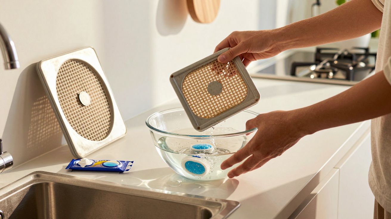 Personne nettoyant un filtre de hotte aspirante dans un bol d'eau dans une cuisine moderne.