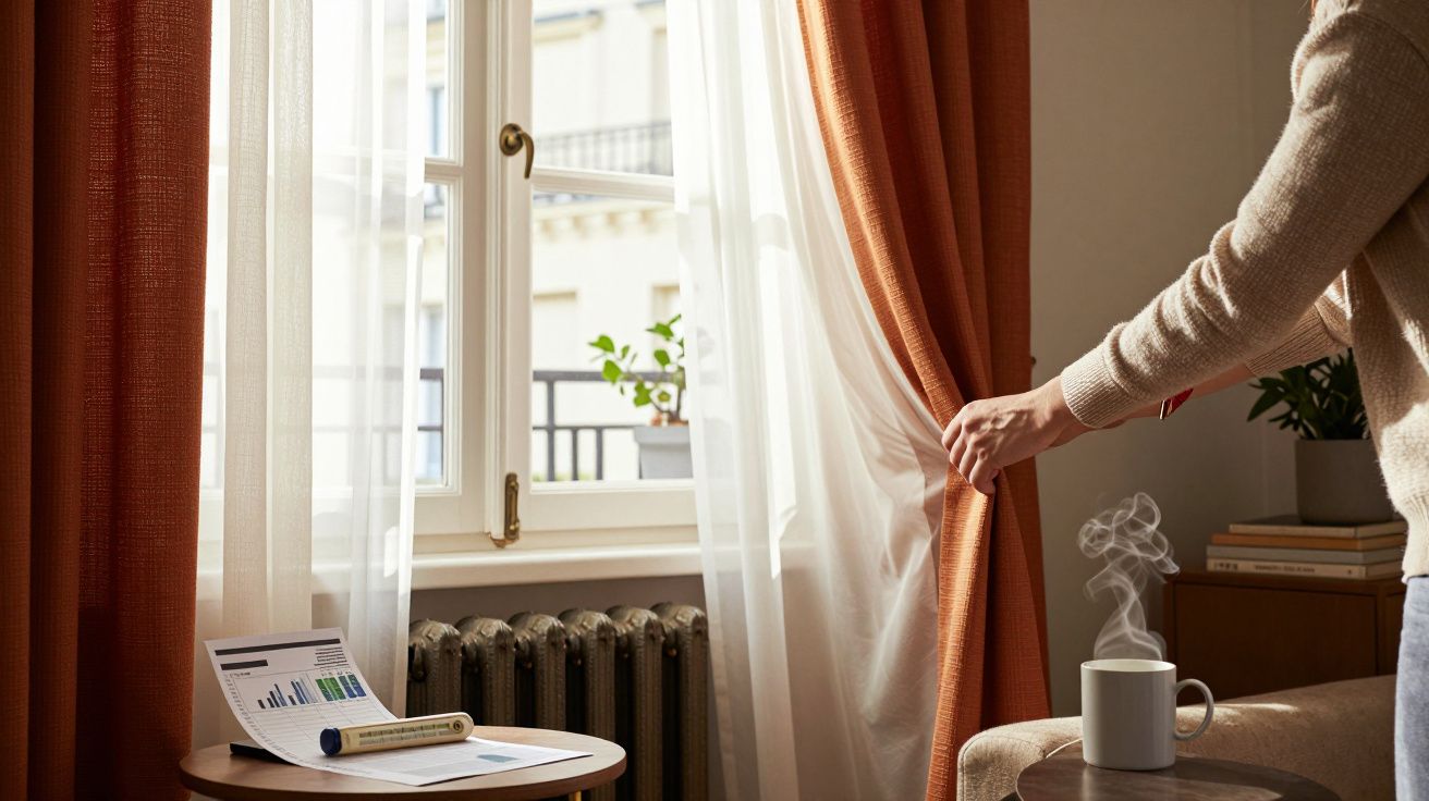 Personne tirant un rideau orange près d'une fenêtre avec un radiateur, table ronde et tasse fumante.