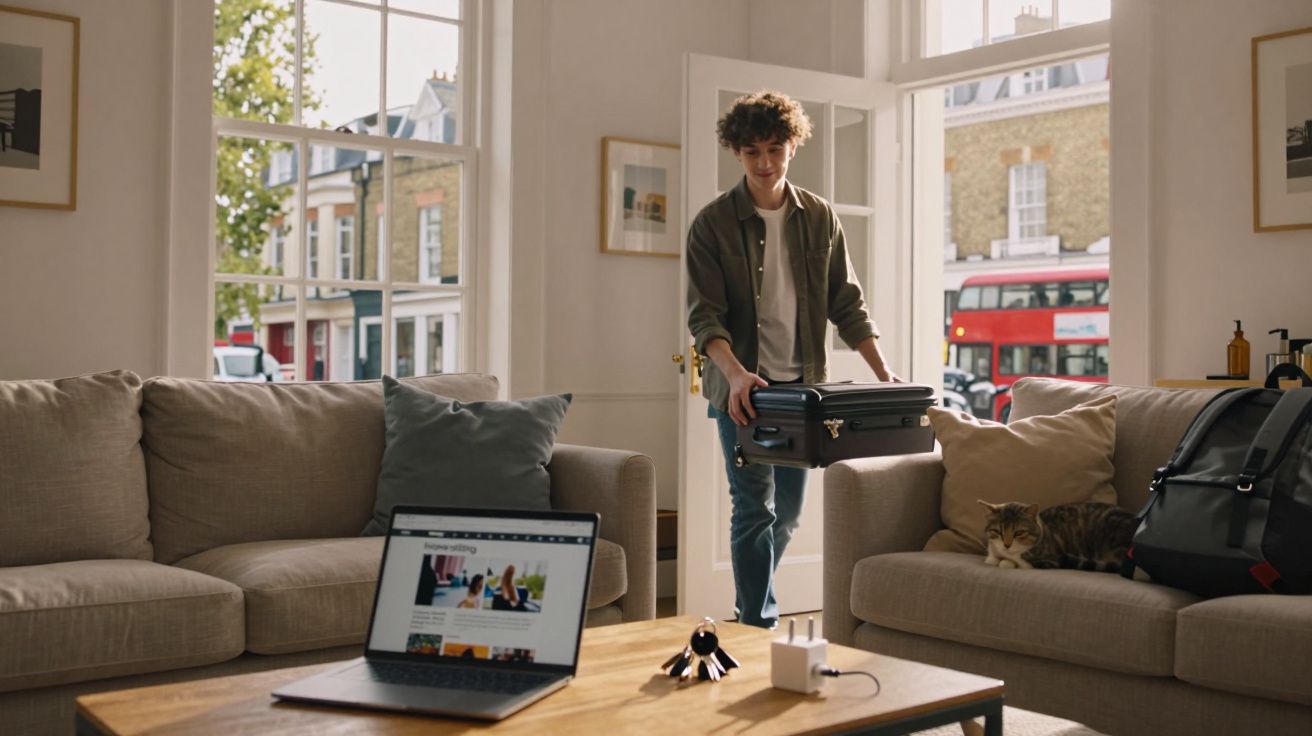 Jeune homme entrant dans un salon lumineux avec une valise, chat allongé sur le canapé et ordinateur portable sur la table ba