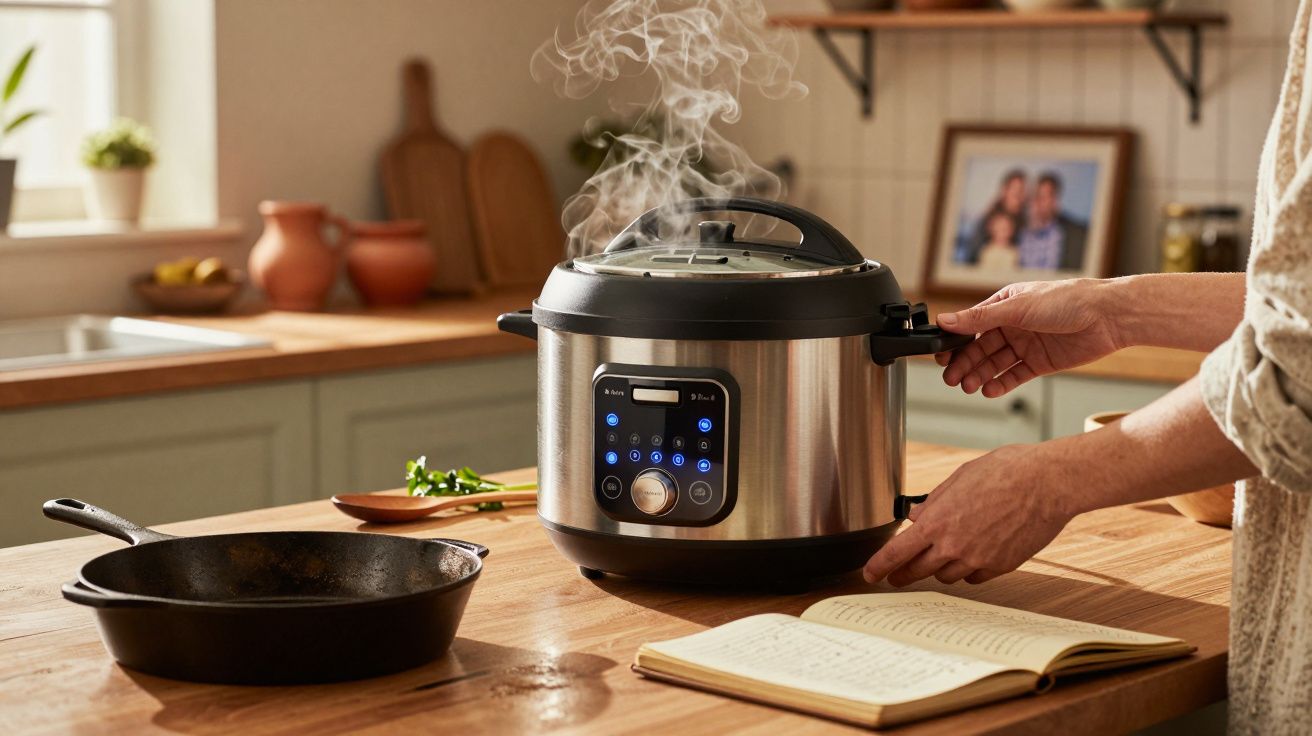 Multicuiseur en inox fumant sur plan de travail avec poêle, mains tenant la cuve et livre de cuisine ouvert.