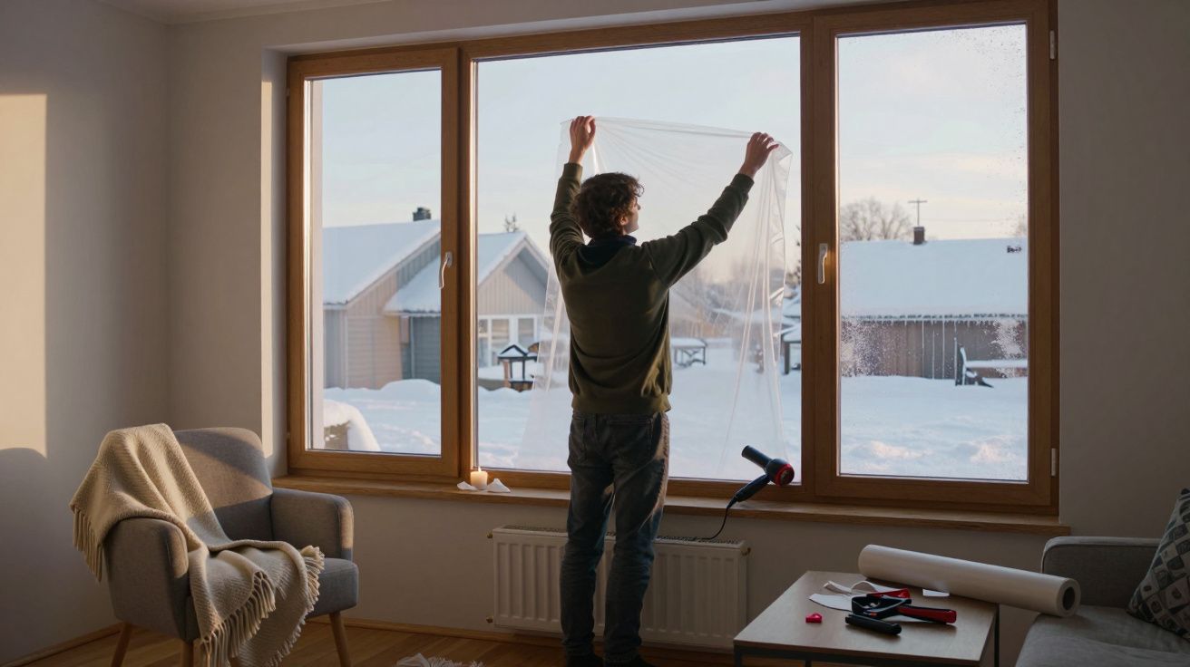 Homme posant un film plastique sur une grande fenêtre en bois face à un paysage enneigé, intérieur cosy.