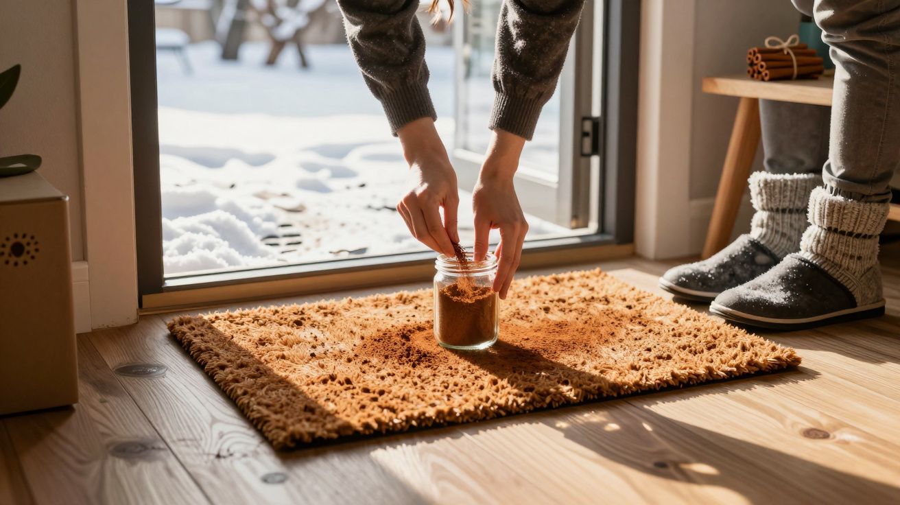 Une personne saupoudre du sel sur un paillasson à l'intérieur d'une maison près d'une porte ouverte.