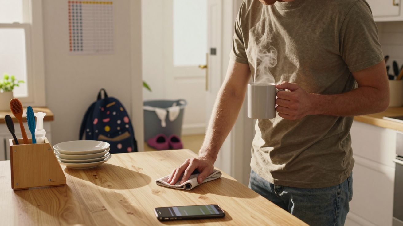 Homme en t-shirt beige tenant une tasse fumante, nettoyant une table en bois dans une cuisine lumineuse.