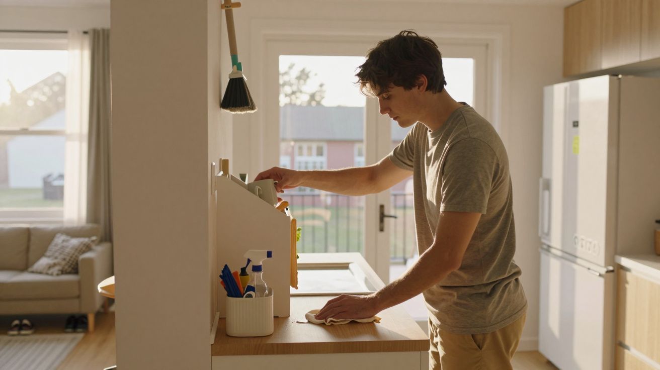 Jeune homme nettoyant un meuble de cuisine baigné par la lumière naturelle du matin.
