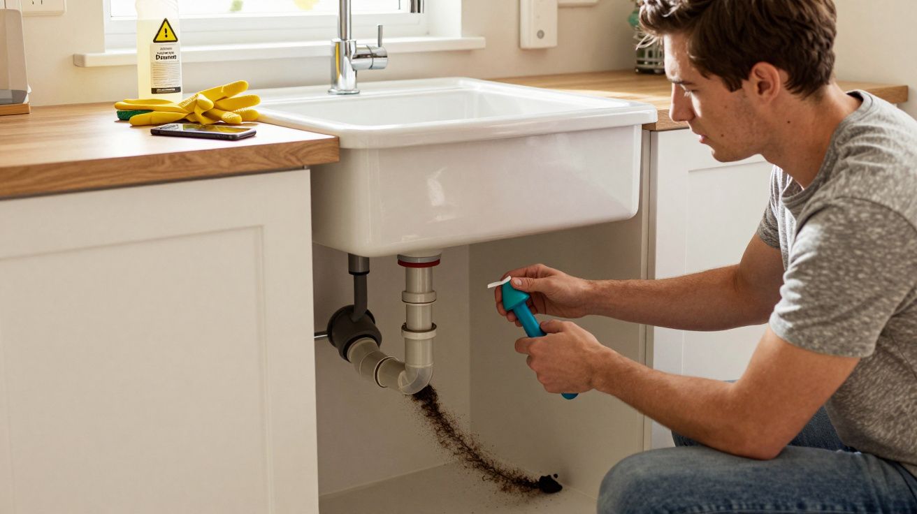 Homme utilisant un déboucheur sous un évier blanc dans une cuisine moderne lumineuse.