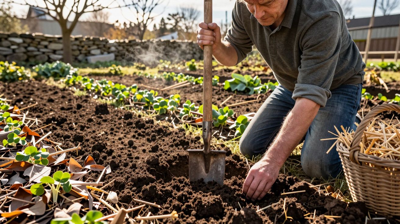 Homme agenouillé préparant la terre avec une pelle pour planter des graines dans un jardin au soleil.